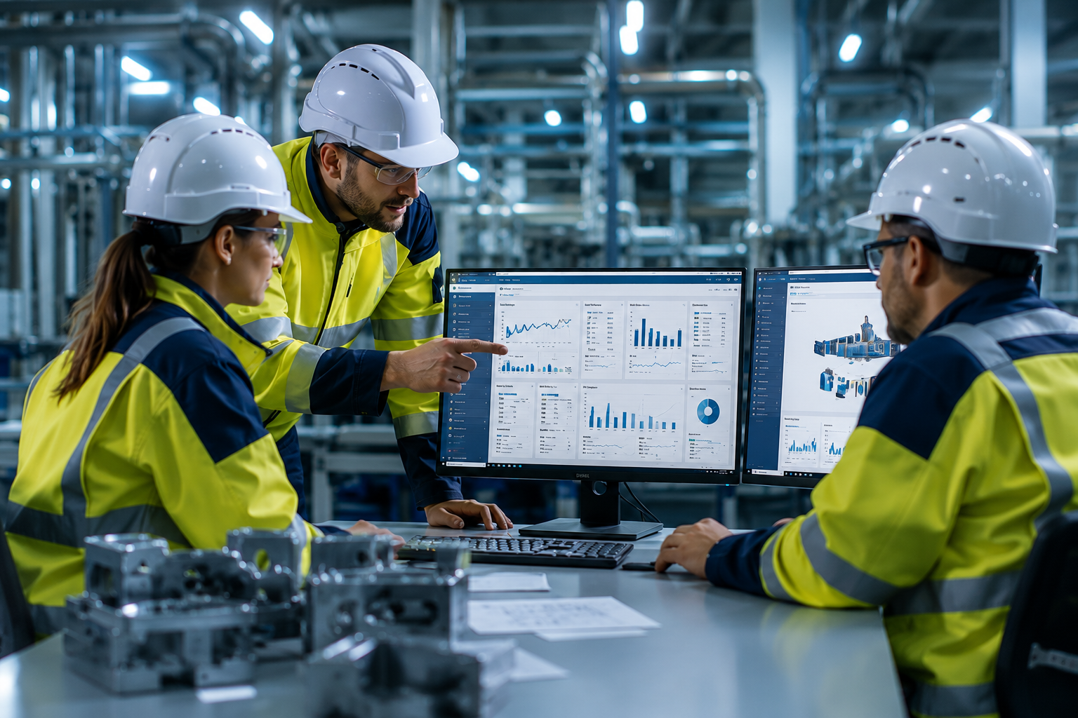 Three industrial engineers in white hard hats analyzing performance dashboards on dual computer monitors in a factory.