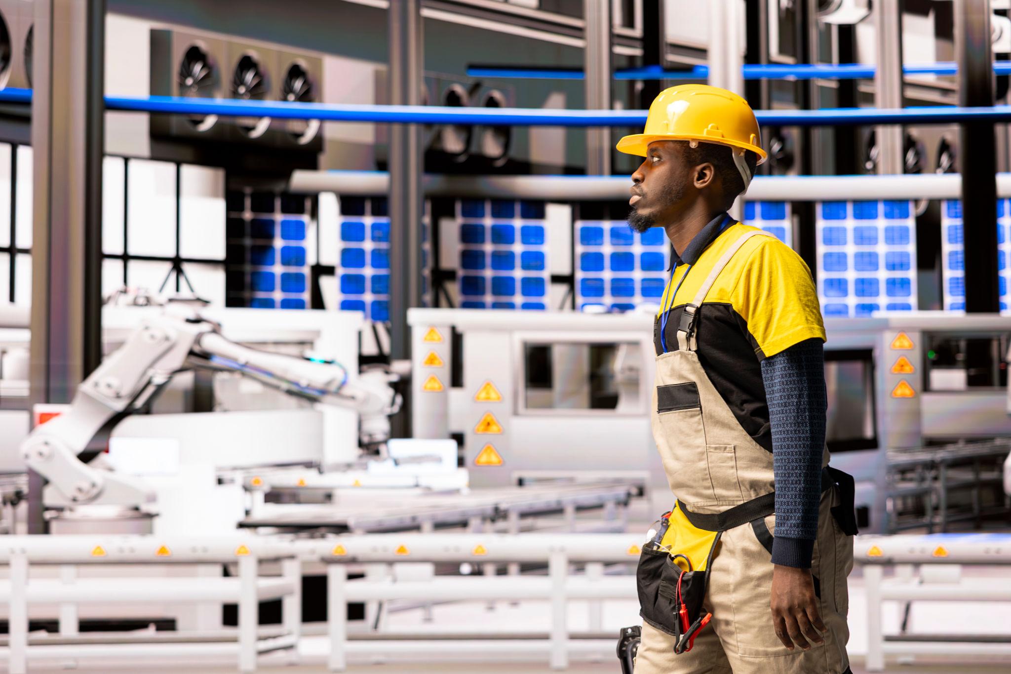 An industrial technician in a yellow hard hat and tan overalls standing in a high-tech automated factory.
